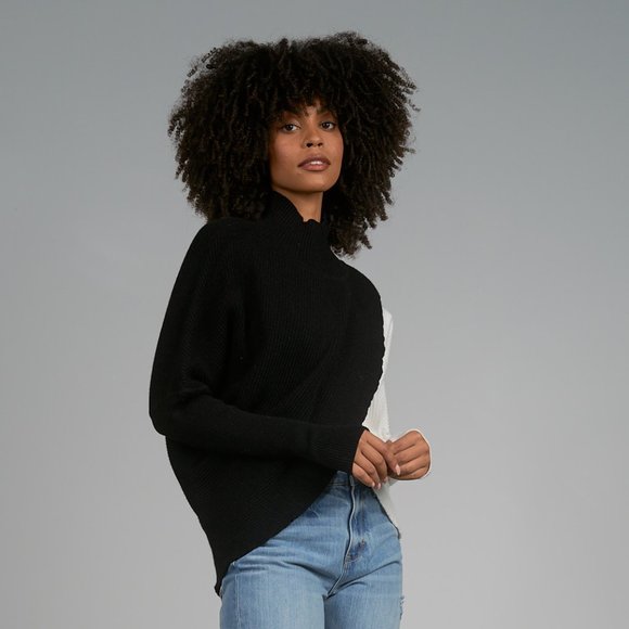 Elan Women's Color Block Print Turtleneck  Long Sleeve Crossover Hem Sweater - Picture 3 of 4